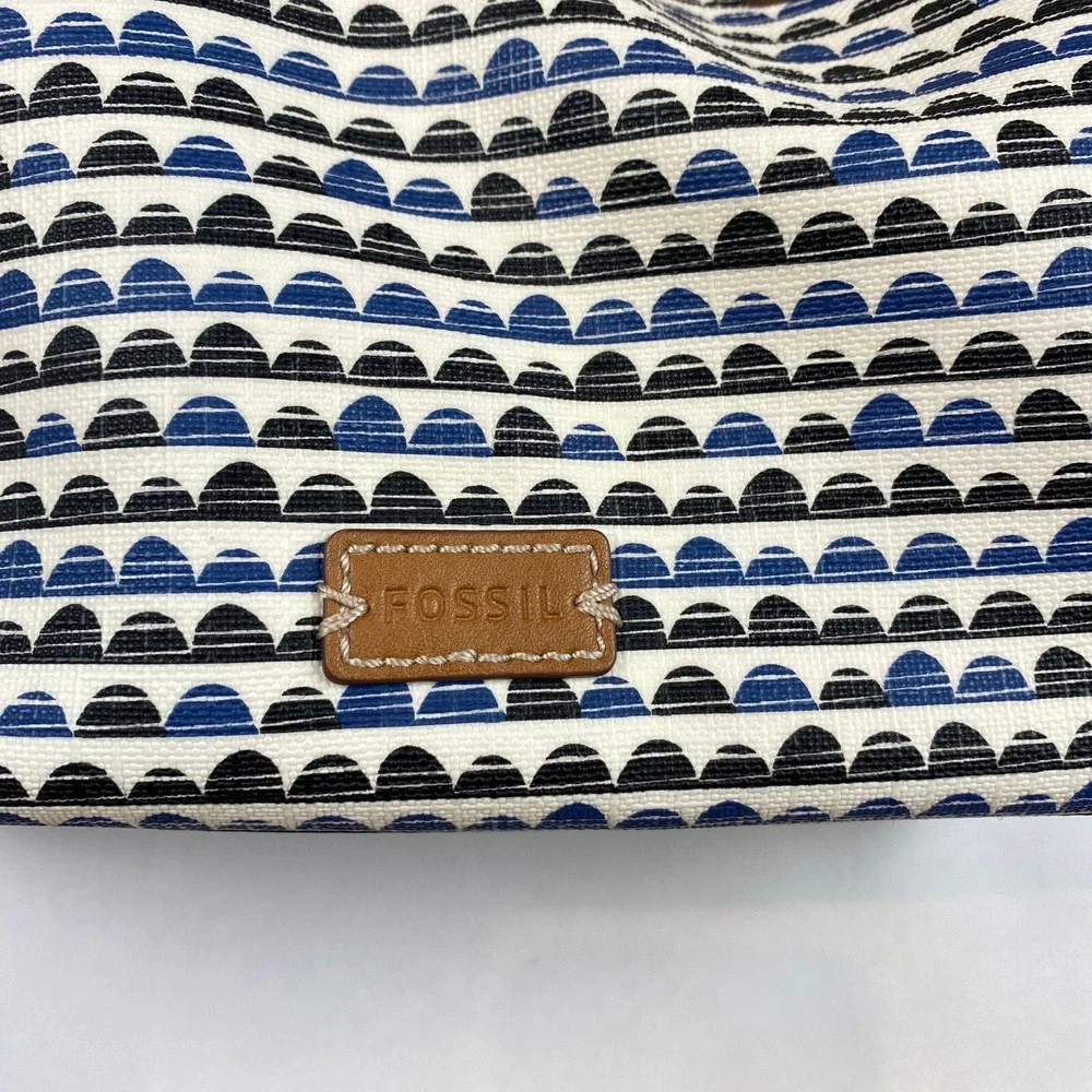 Fossil Emma Satchel Handbag Purse With Matching NWT Wallet, Blue Black Print